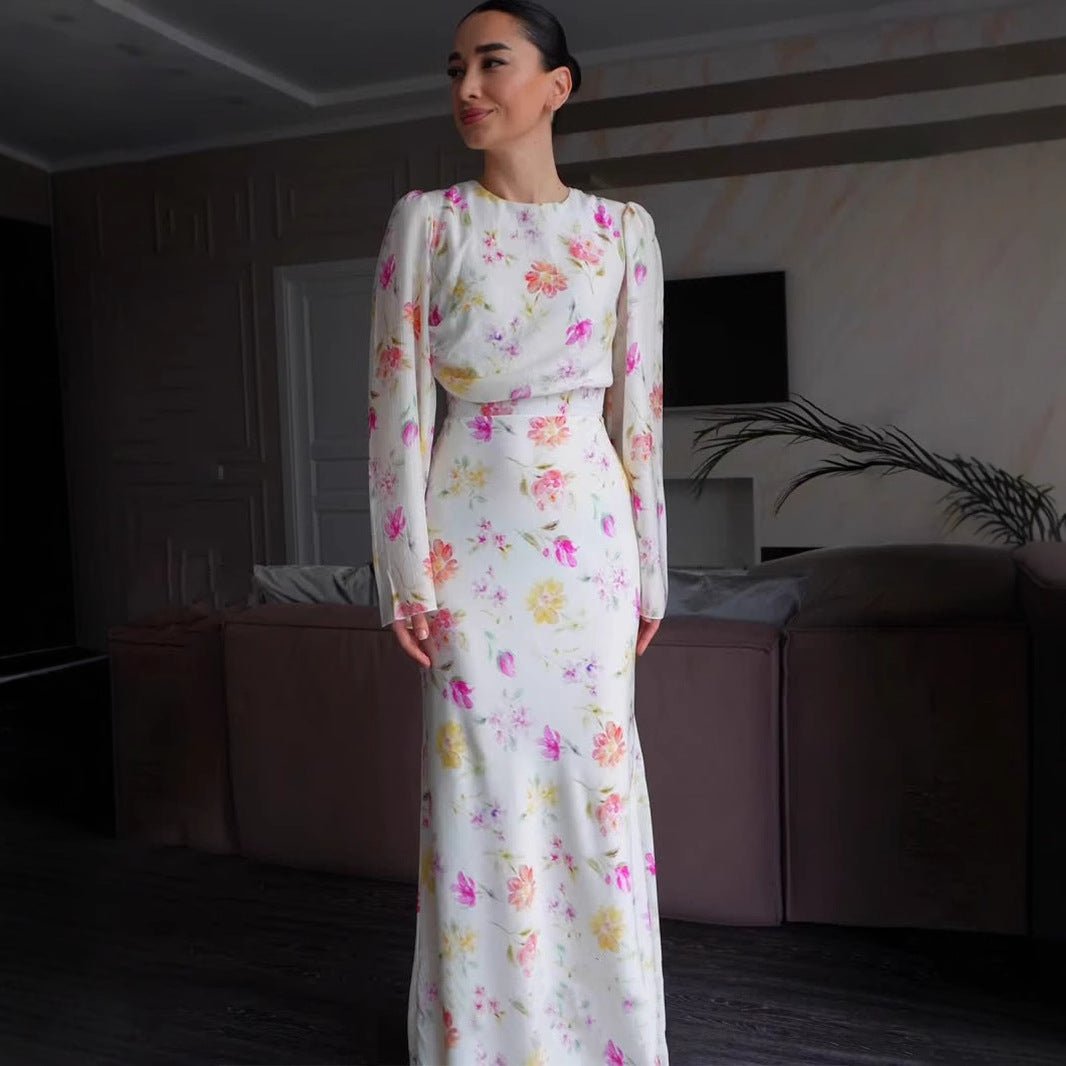 Elegant Sweetheart Neckline Floral Print Bells Sleeve Dress Abaya with Waist Tie. (MA210) - Mariam's Collection