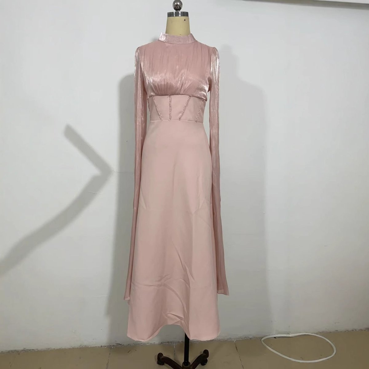 Elegant Swinging Sleeve Silk Satin Abaya Dress | High Waist Modest Maxi Dress with Back Strap Detail(MA295), Pink / L Elegant Swinging Sleeve Silk Satin Abaya Dress | High Waist Modest Maxi Dress with Back Strap Detail(MA295), Pink / L