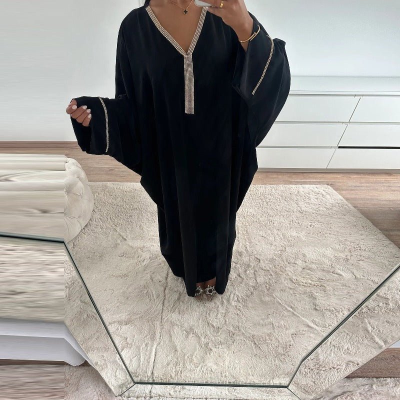 Elegant V - Neck Diamond Accent Bat Sleeve Abaya Robe | Metal Placket Cuff Long Dress(MA293) - Mariam's Collection