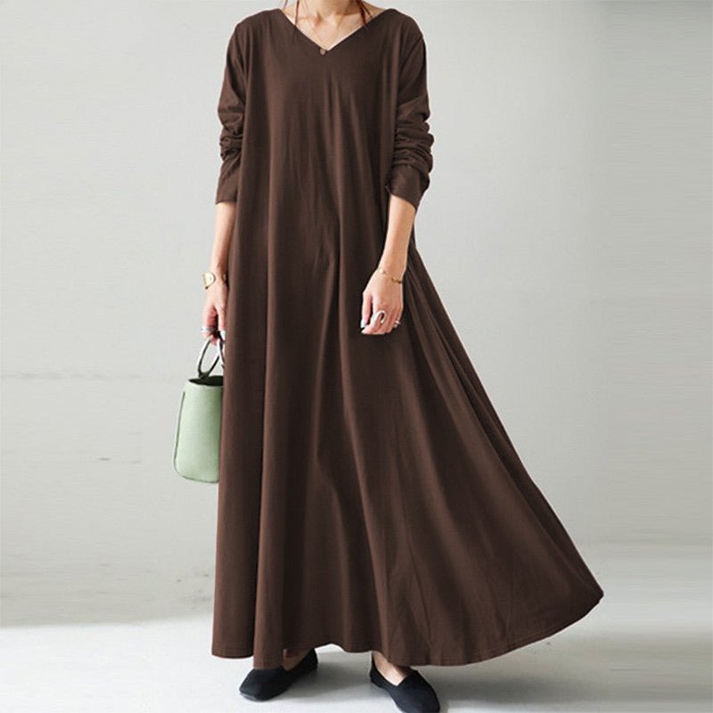 Elegant V-Neck Long Sleeve Maxi Dress | Loose Fit Cotton Blend Dress w