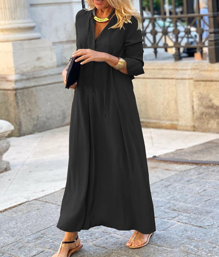Long-sleeved Shirt Dress Fashion Loose V-neck Long Dresses Spring And Autumn Clothing For Women Black / S