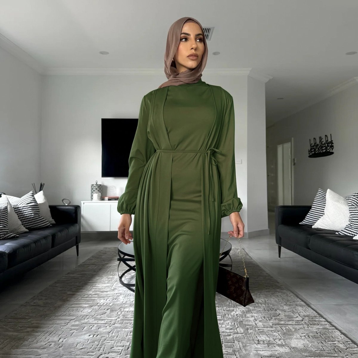 Elegant Versatile Open Abaya with Pockets 3 - Piece Set (MOA109) - Mariam's Collection