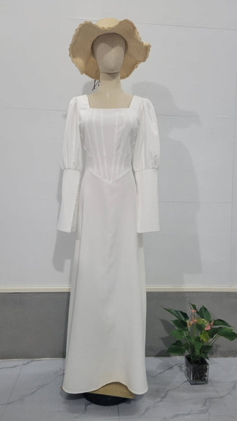 Elegant White Square Neck Long Sleeve Bubble Sleeve Modest Dress Abaya (MA228), White / XXL