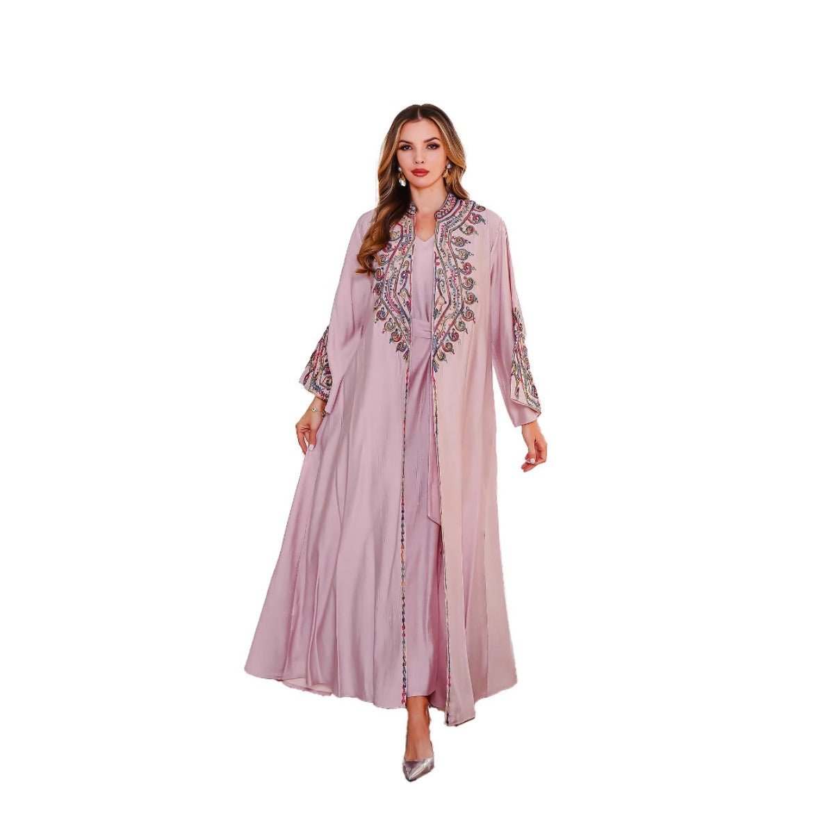 Embroidered Abaya Light Luxury Evening Dress - Modest Two - Piece Set with Geometric Embroidery & Bell Sleeve (MOA214) - Mariam's Collection