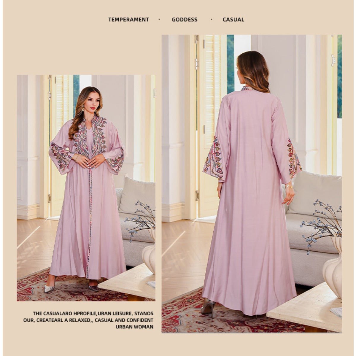 Embroidered Abaya Light Luxury Evening Dress - Modest Two - Piece Set with Geometric Embroidery & Bell Sleeve (MOA214) - Mariam's Collection