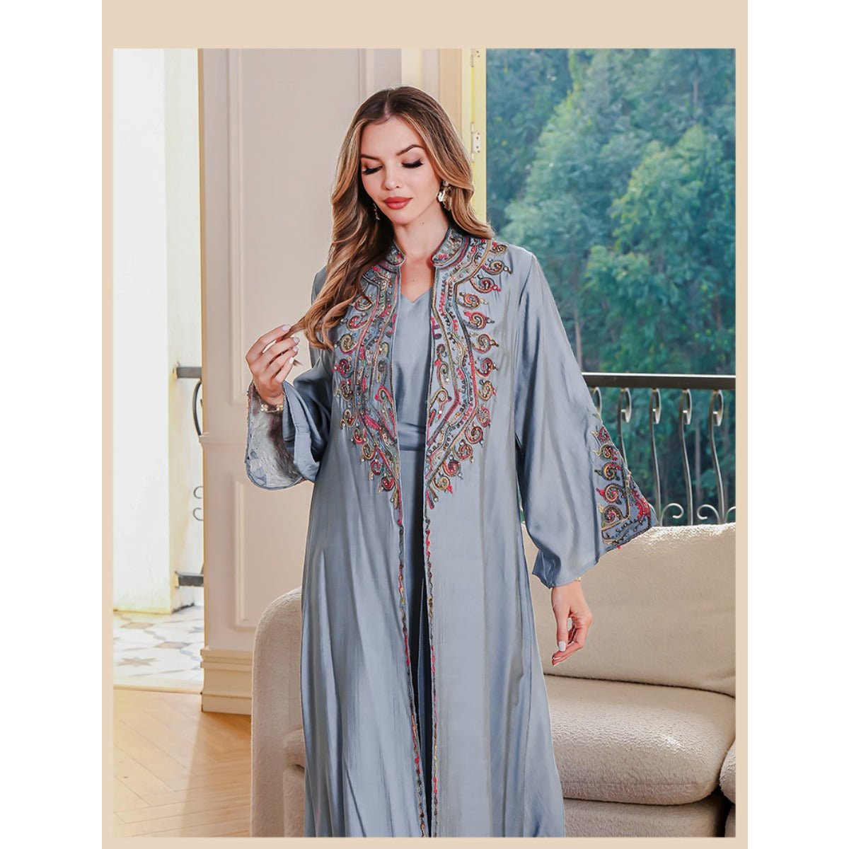 Embroidered Abaya Light Luxury Evening Dress - Modest Two - Piece Set with Geometric Embroidery & Bell Sleeve (MOA214) - Mariam's Collection