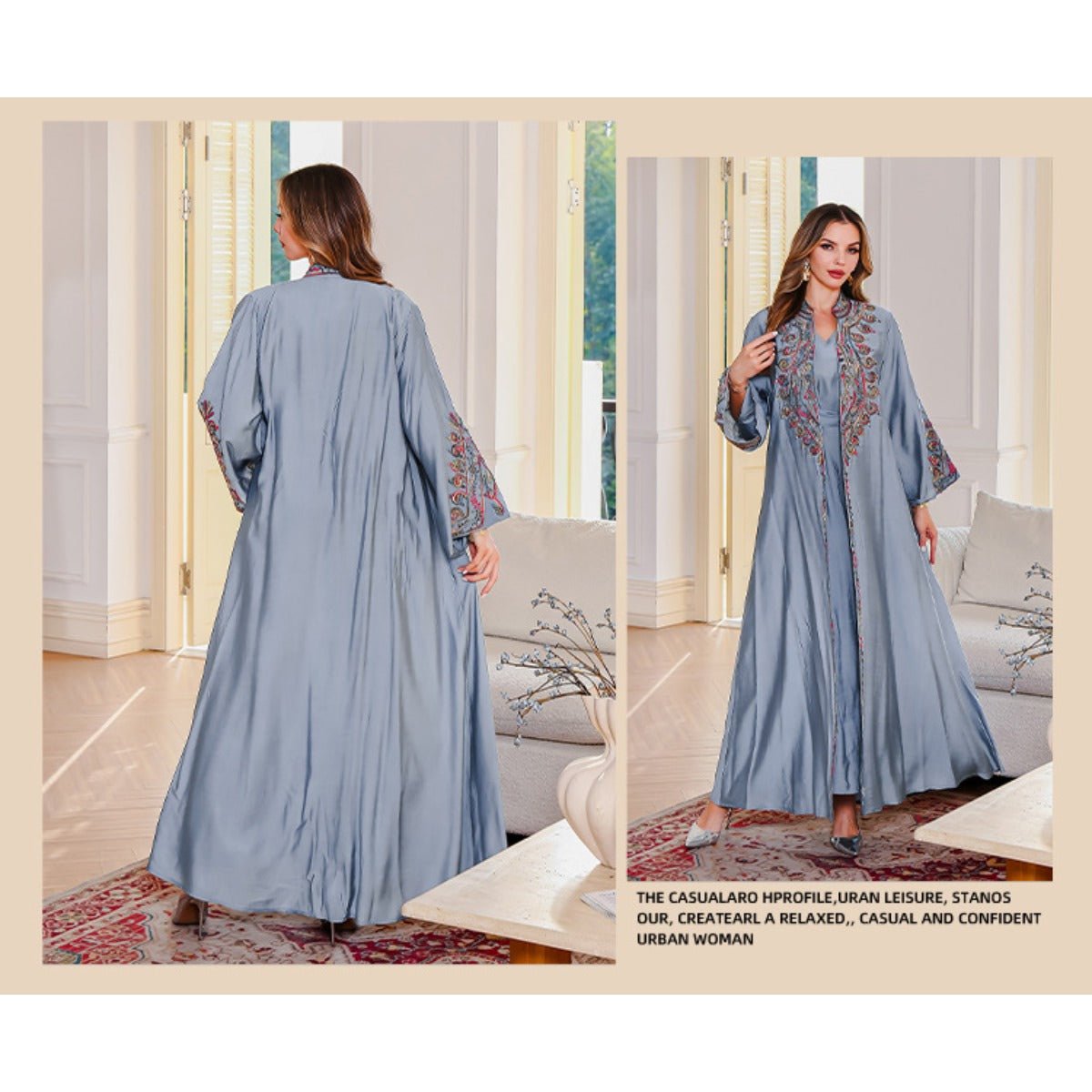Embroidered Abaya Light Luxury Evening Dress - Modest Two - Piece Set with Geometric Embroidery & Bell Sleeve (MOA214) - Mariam's Collection