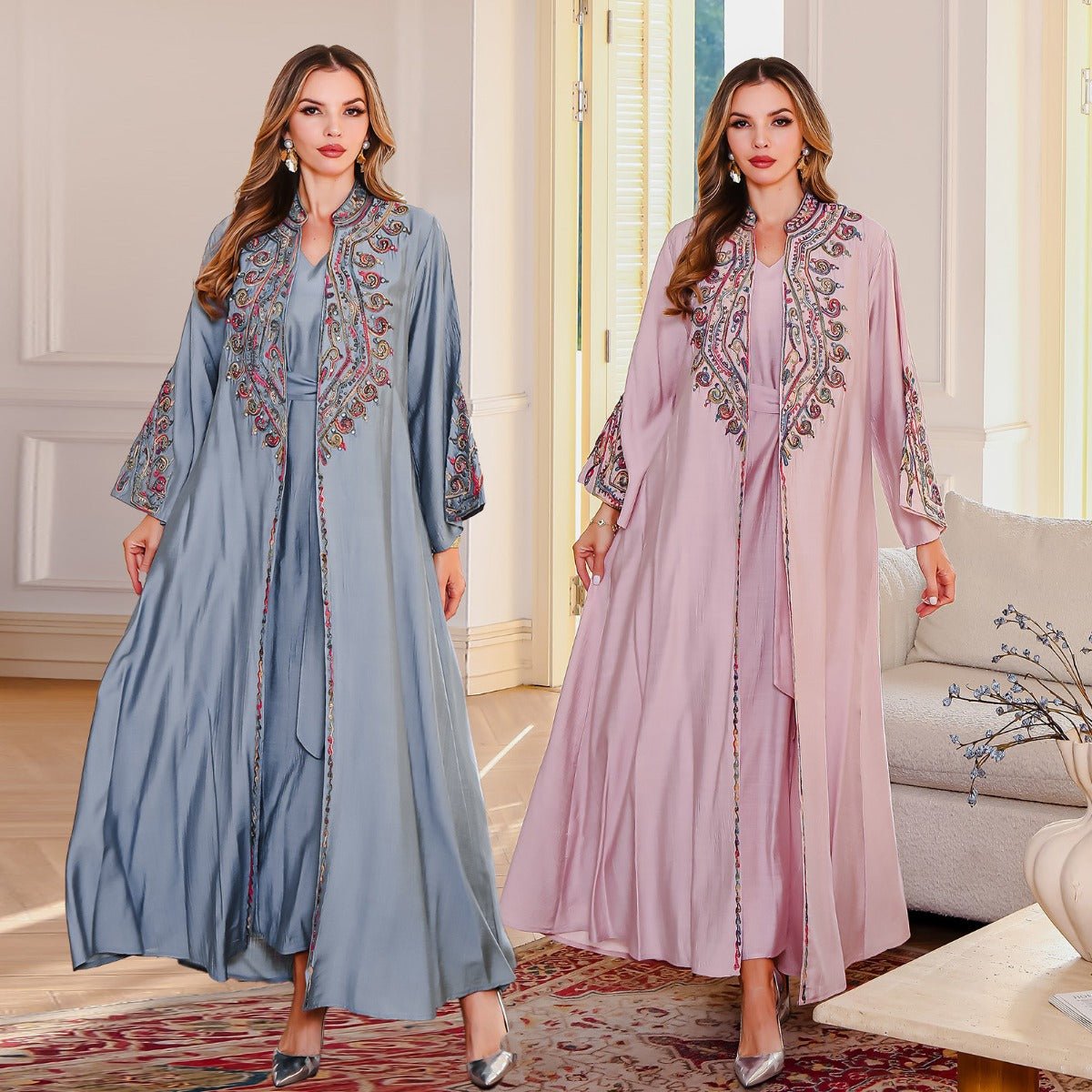 Embroidered Abaya Light Luxury Evening Dress - Modest Two - Piece Set with Geometric Embroidery & Bell Sleeve (MOA214) - Mariam's Collection