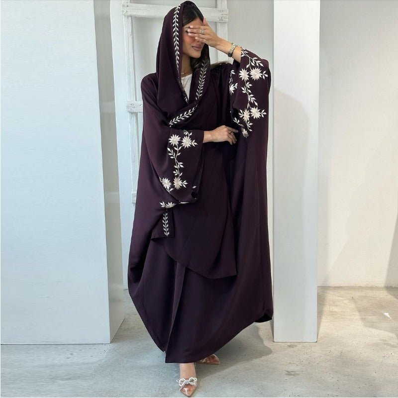 Embroidered Batwing Sleeve Abaya Set | Linen Blend Open Cardigan with Matching Hijab 2 - Piece(MOA233) - Mariam's Collection