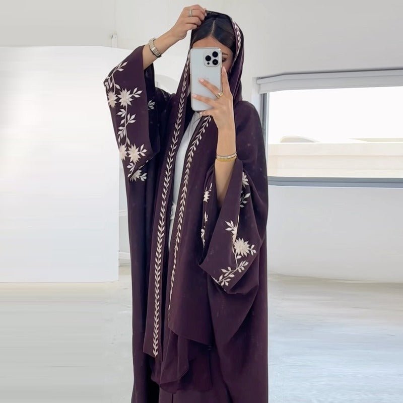 Embroidered Batwing Sleeve Abaya Set | Linen Blend Open Cardigan with Matching Hijab 2 - Piece(MOA233) - Mariam's Collection