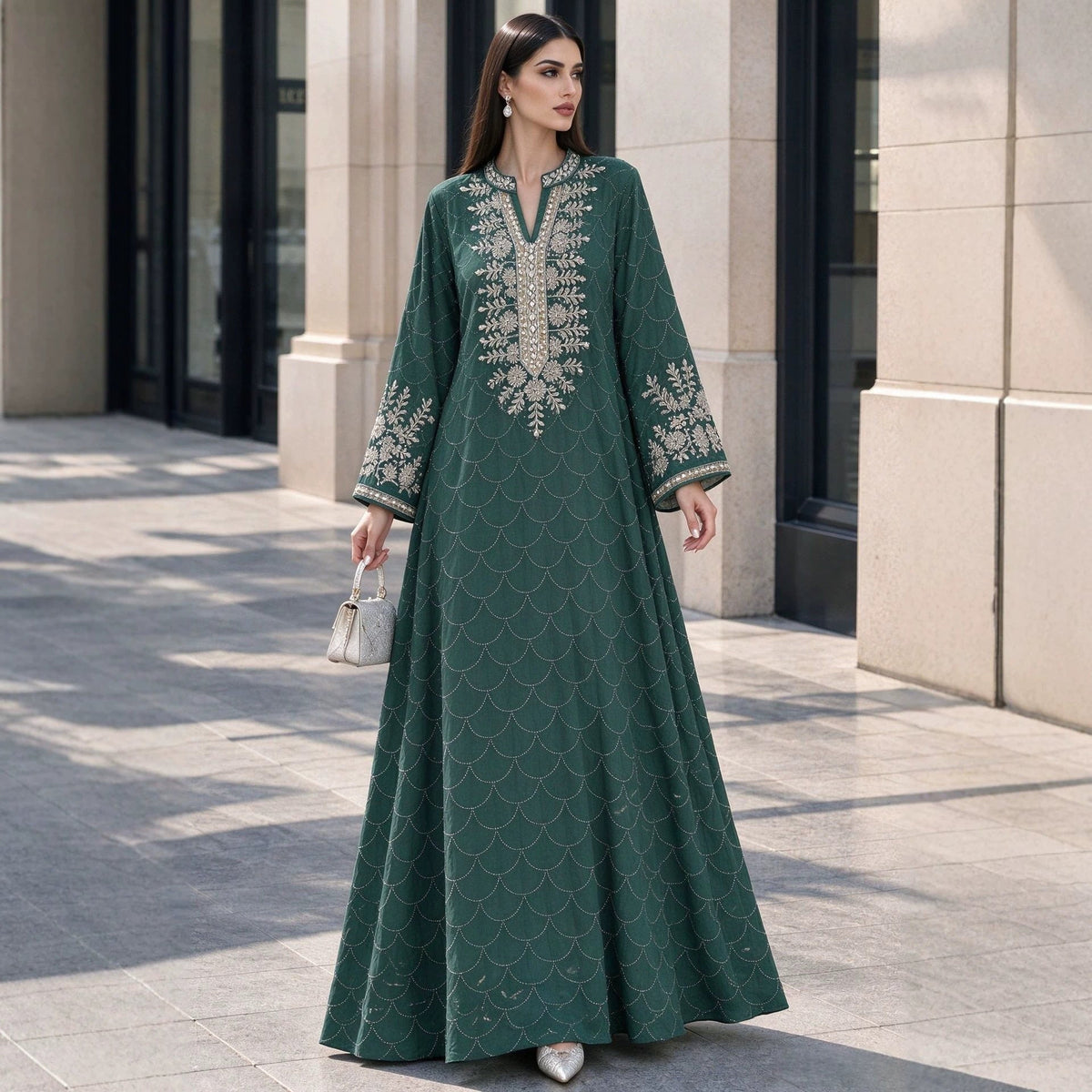 Embroidered Beaded Abaya Dress | Rhinestone-Embellished Modest Maxi Gown(MA476) - Mariam's Collection