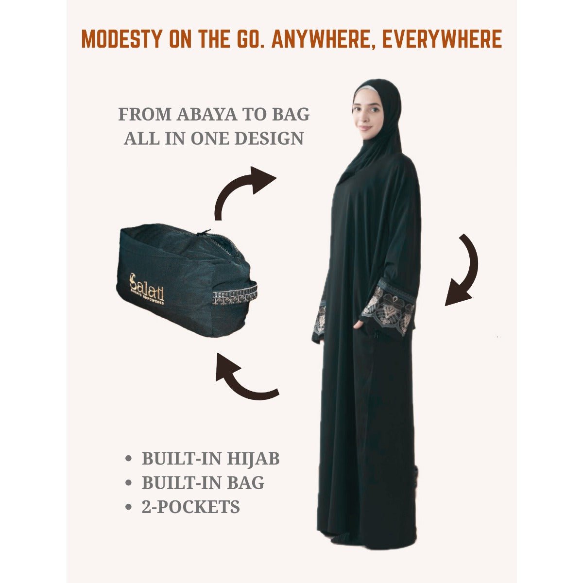 Embroidered Black Abaya with Floral Cuffs | Modest Prayer Dress with Integrated Headscarf (MJ017) - Mariam's Collection