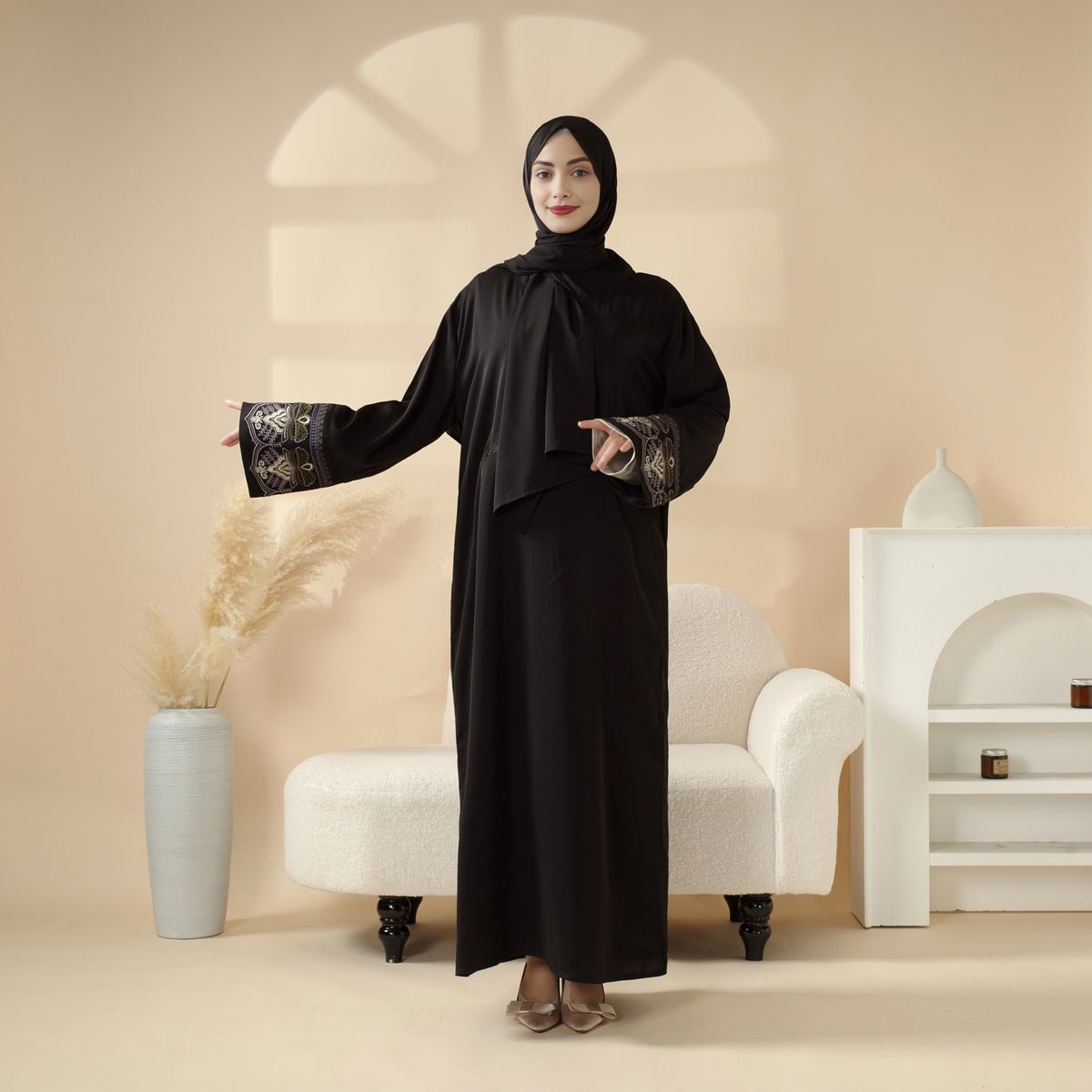 Embroidered Black Abaya with Golden Floral Cuffs Modest Prayer Dress with Integrated Headscarf. (NA401) - Mariam's Collection