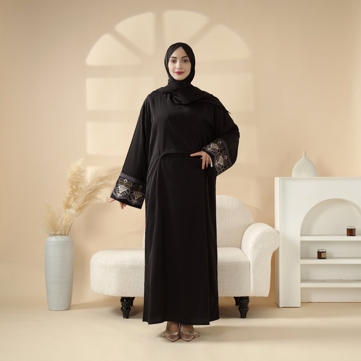 Embroidered Black Abaya with Golden Floral Cuffs Modest Prayer Dress with Integrated Headscarf. (NA401) - Mariam's Collection
