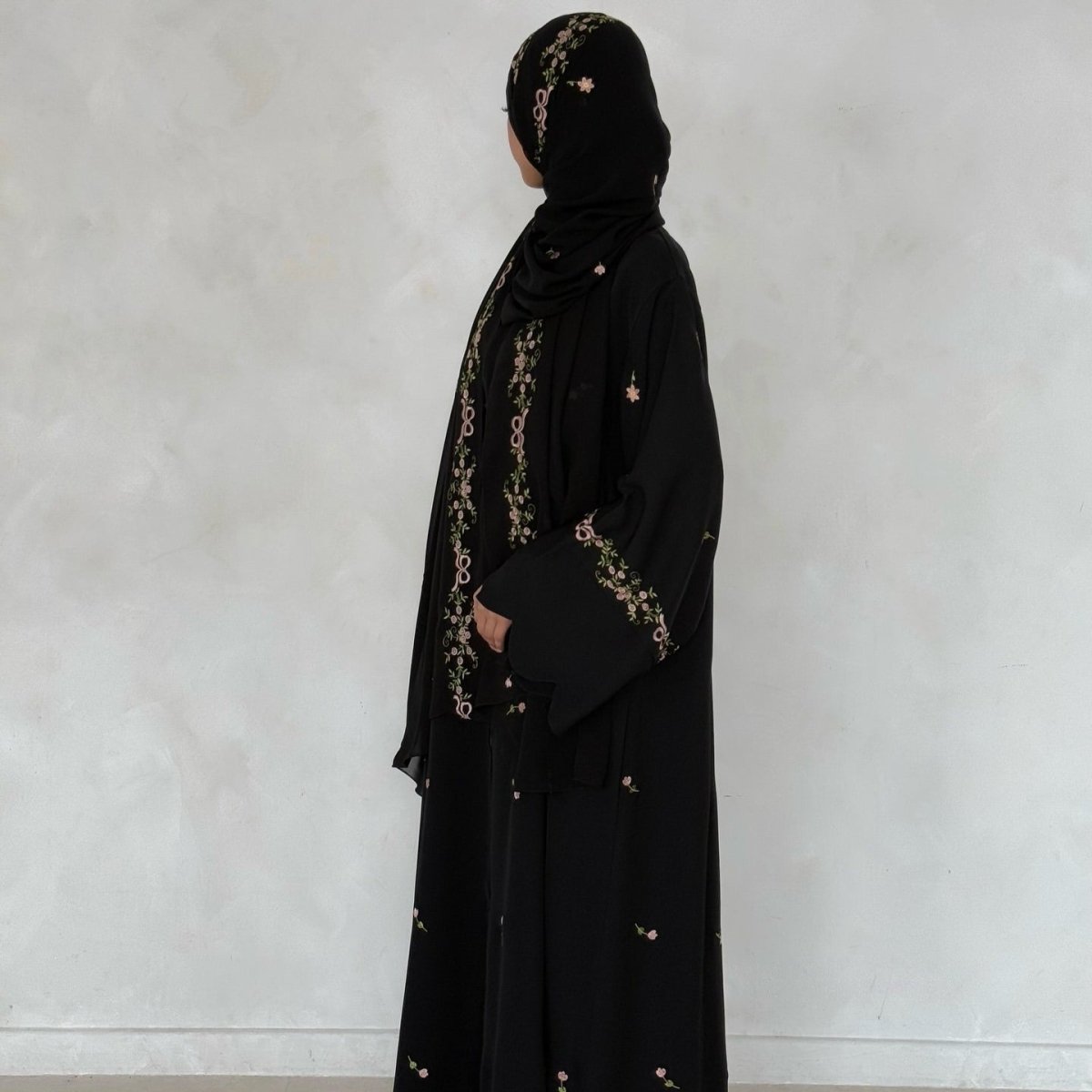 Embroidered Floral Abaya with Matching Hijab(MOA277) - Mariam's Collection