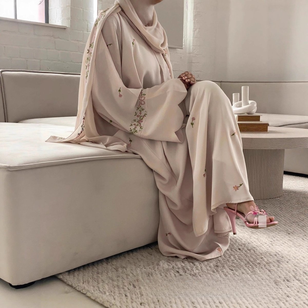 Embroidered Floral Abaya with Matching Hijab(MOA277) - Mariam's Collection