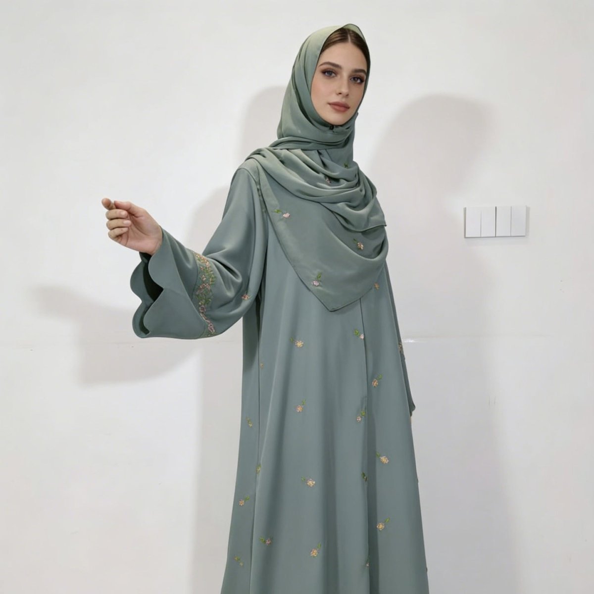 Embroidered Floral Abaya with Matching Hijab(MOA277) - Mariam's Collection