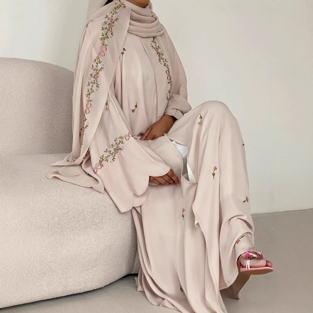Embroidered Floral Abaya with Matching Hijab(MOA277) - Mariam's Collection