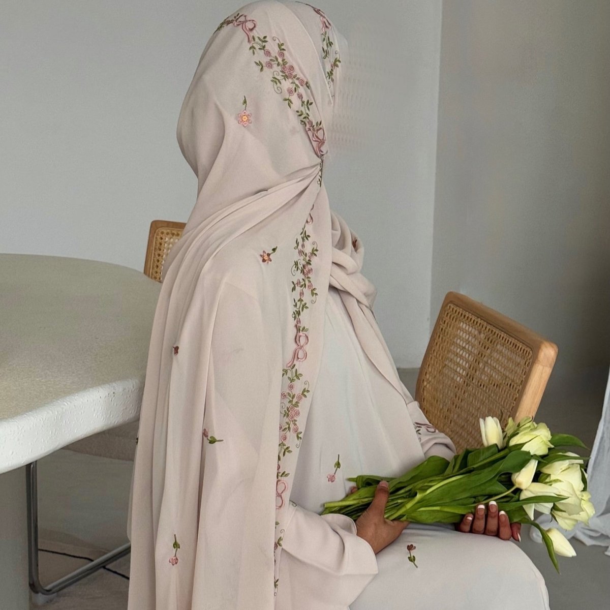 Embroidered Floral Abaya with Matching Hijab(MOA277) - Mariam's Collection