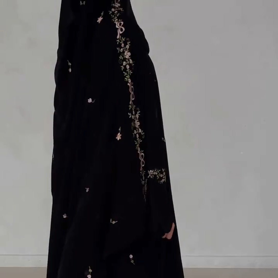 Embroidered Floral Abaya with Matching Hijab(MOA277) - Mariam's Collection