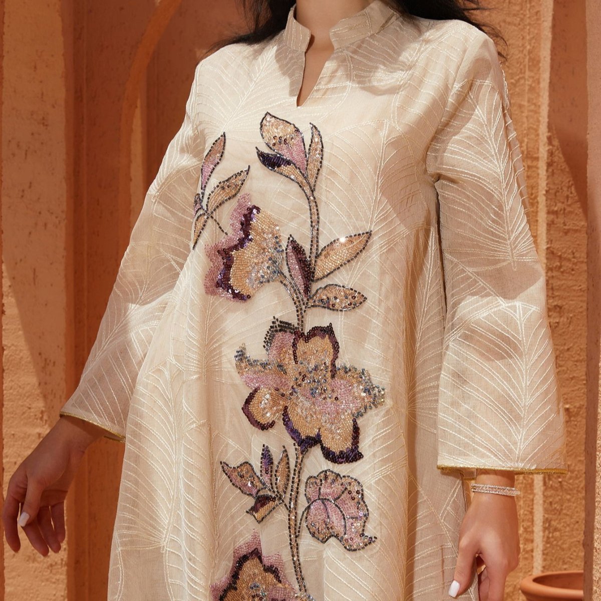 Embroidered Organza Abaya with Sequin Appliqués | Collared Floral Gown(MA373) - Mariam's Collection