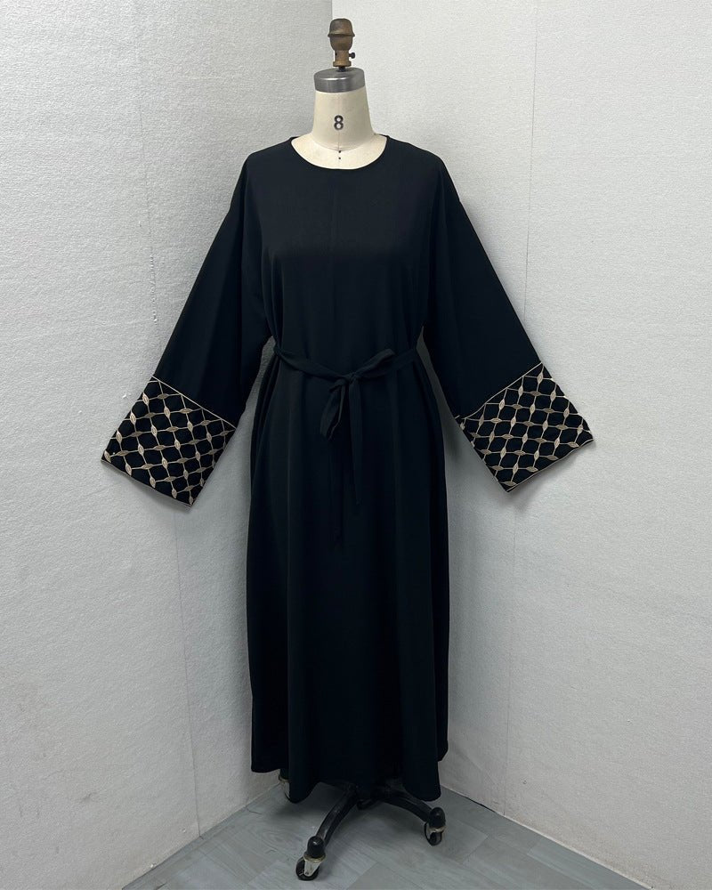 long sleeve maxi dress islamic Embroidered Pattern Abaya Robe Dress - Modest Muslim Long Sleeve Maxi with  Detachable Belt(MA272)