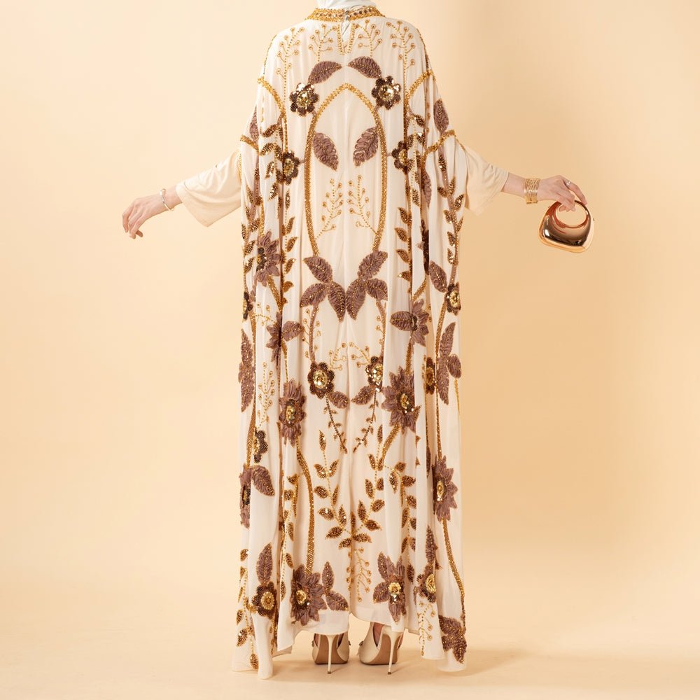 Embroidered Pearl Floral Abaya with Draped Batwing Sleeves(MA453) - Mariam's Collection