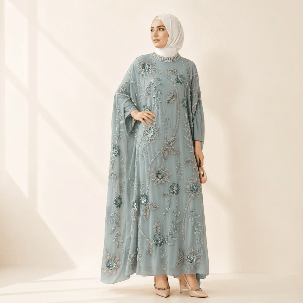 Embroidered Pearl Floral Abaya with Draped Batwing Sleeves(MA453) - Mariam's Collection