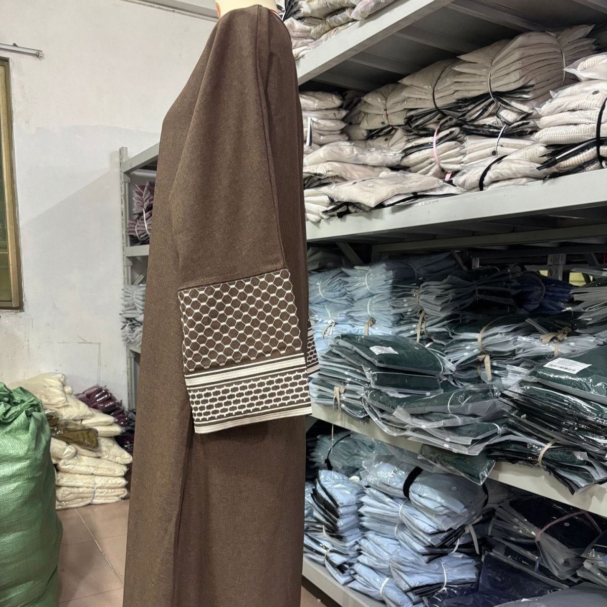 Embroidered Sleeve Abaya | Textured Open-Front Cardigan with Bell Sleeves (MOA263) - Mariam's Collection