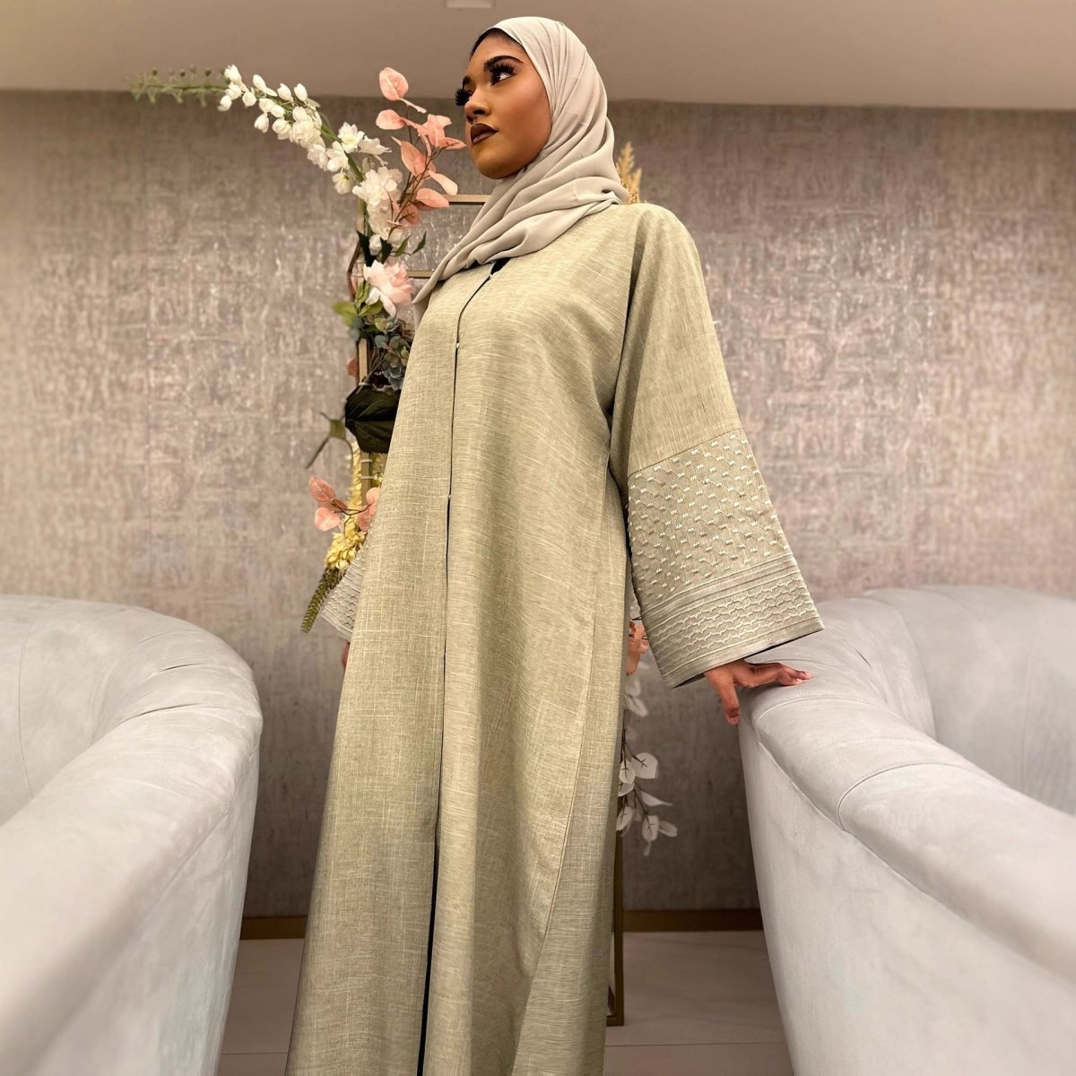 Embroidered Sleeve Abaya | Textured Open - Front Cardigan with Bell Sleeves(MOA263) - Mariam's Collection