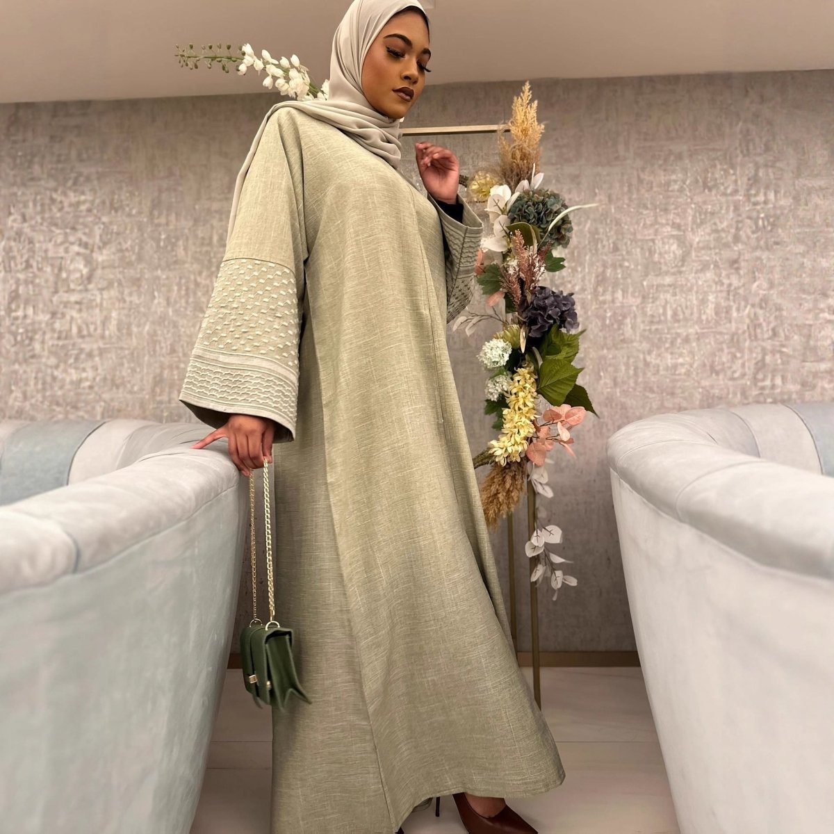 Embroidered Sleeve Abaya | Textured Open - Front Cardigan with Bell Sleeves(MOA263) - Mariam's Collection