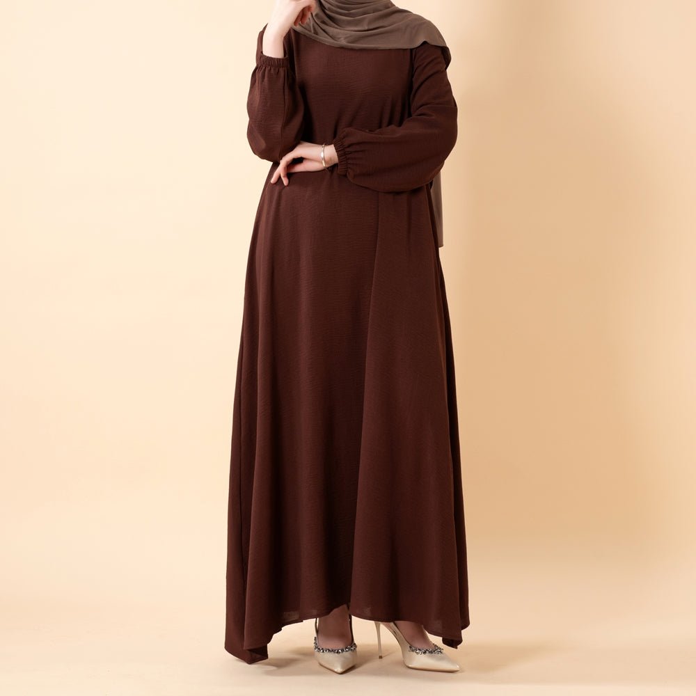 a-line modest maxi dress product info and reviews Essential Flow Crepe Maxi Dress with Pockets — Everyday Modest Abaya Chocolate Brown / M