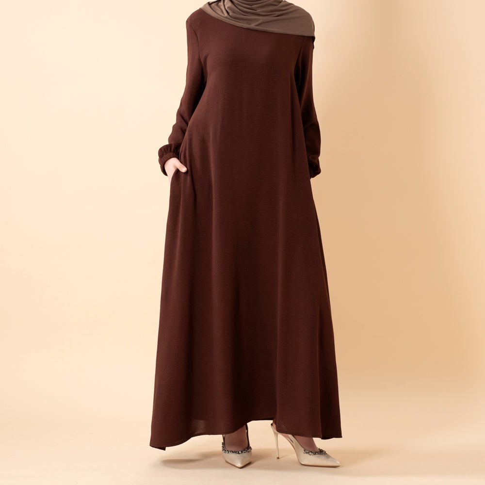 Essential Flow Crepe Maxi Dress with Pockets Everyday Modest Abaya Chocolate Brown / M Essential Flow Crepe Maxi Dress with Pockets Everyday Modest Abaya Chocolate Brown / M