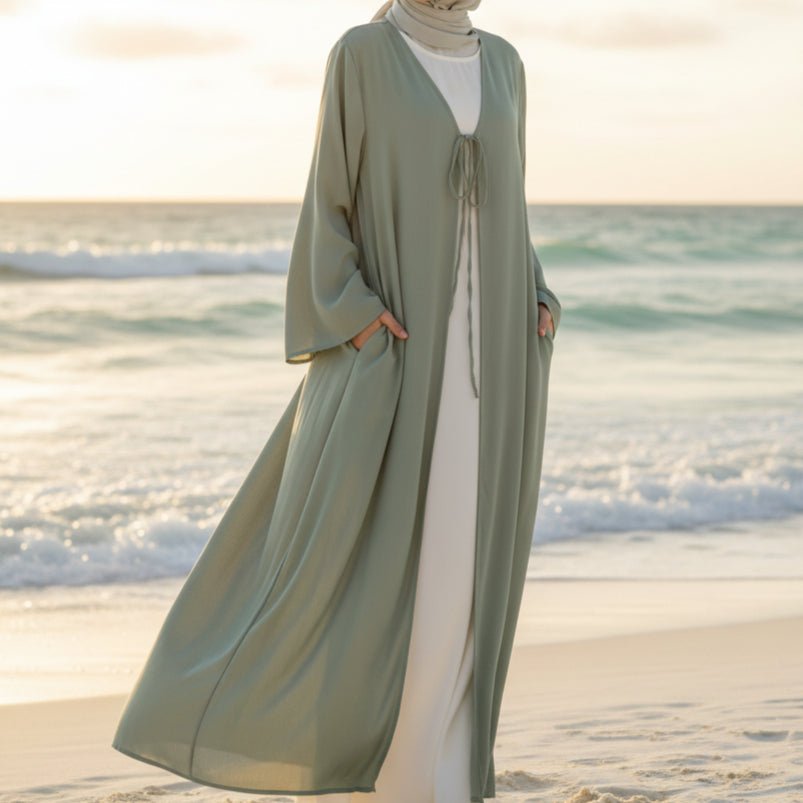 Essential Zoom Open Front Abaya with Tie Closure & Pockets (MOA309) - Mariam's Collection