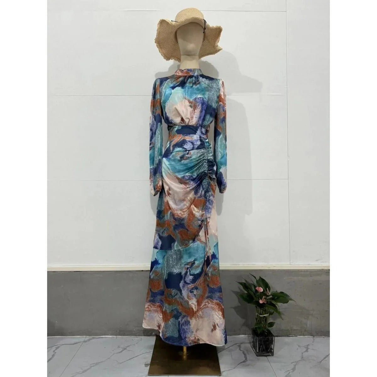 Exotic Print Pleated Bell Sleeve Abaya. (MA166) - Mariam's Collection
