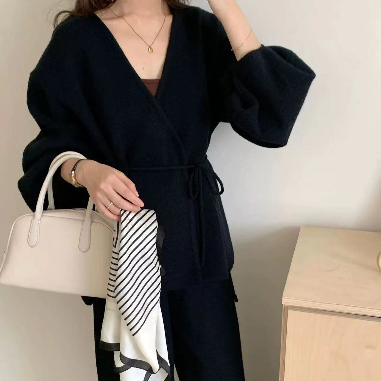 Ribbed Knit Wrap Top & Wide-Leg Trouser Two-Piece Set(MS531)