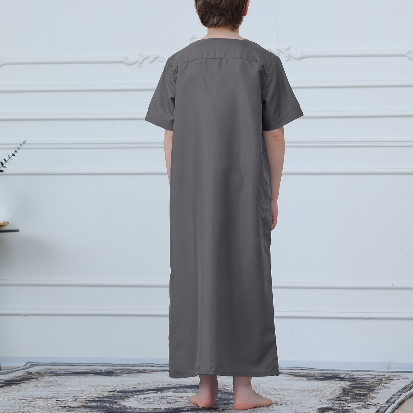 Boys Short Sleeve Embroidered Thobe with Pockets(MKB015)