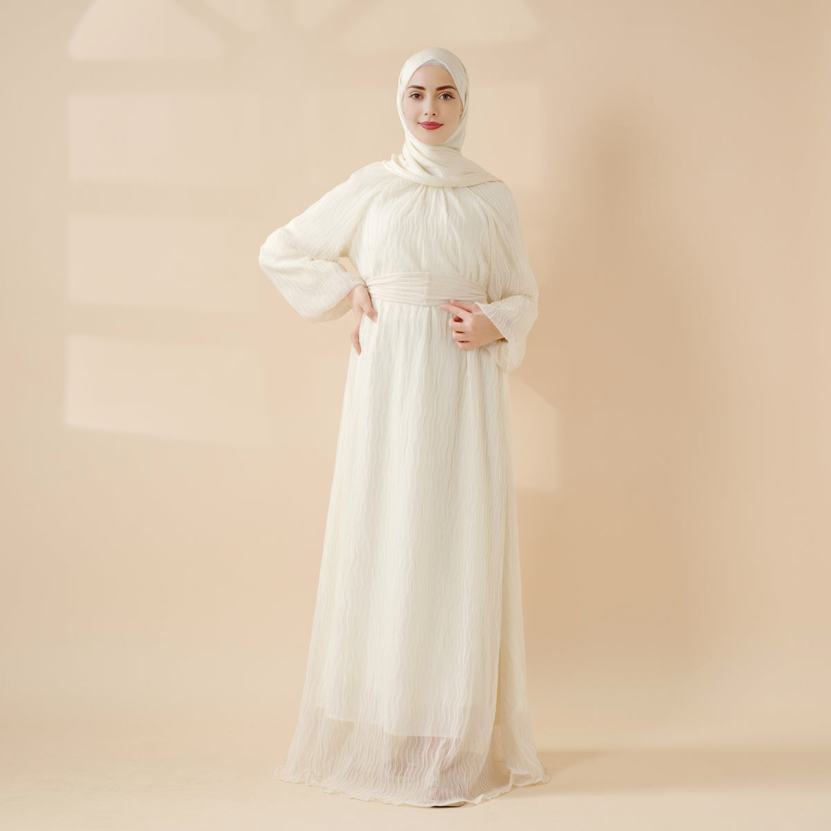 Elegant Cream White Pleat Textured Maxi Dress Puff Sleeves Abaya (MA152)
