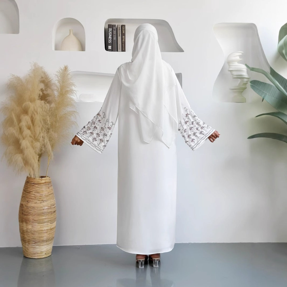 Diamond Glow Abaya Collection | Luxury Modest Fashion White & Blush Pink Embroidered Robes with Floral Sleeves(MOA205)