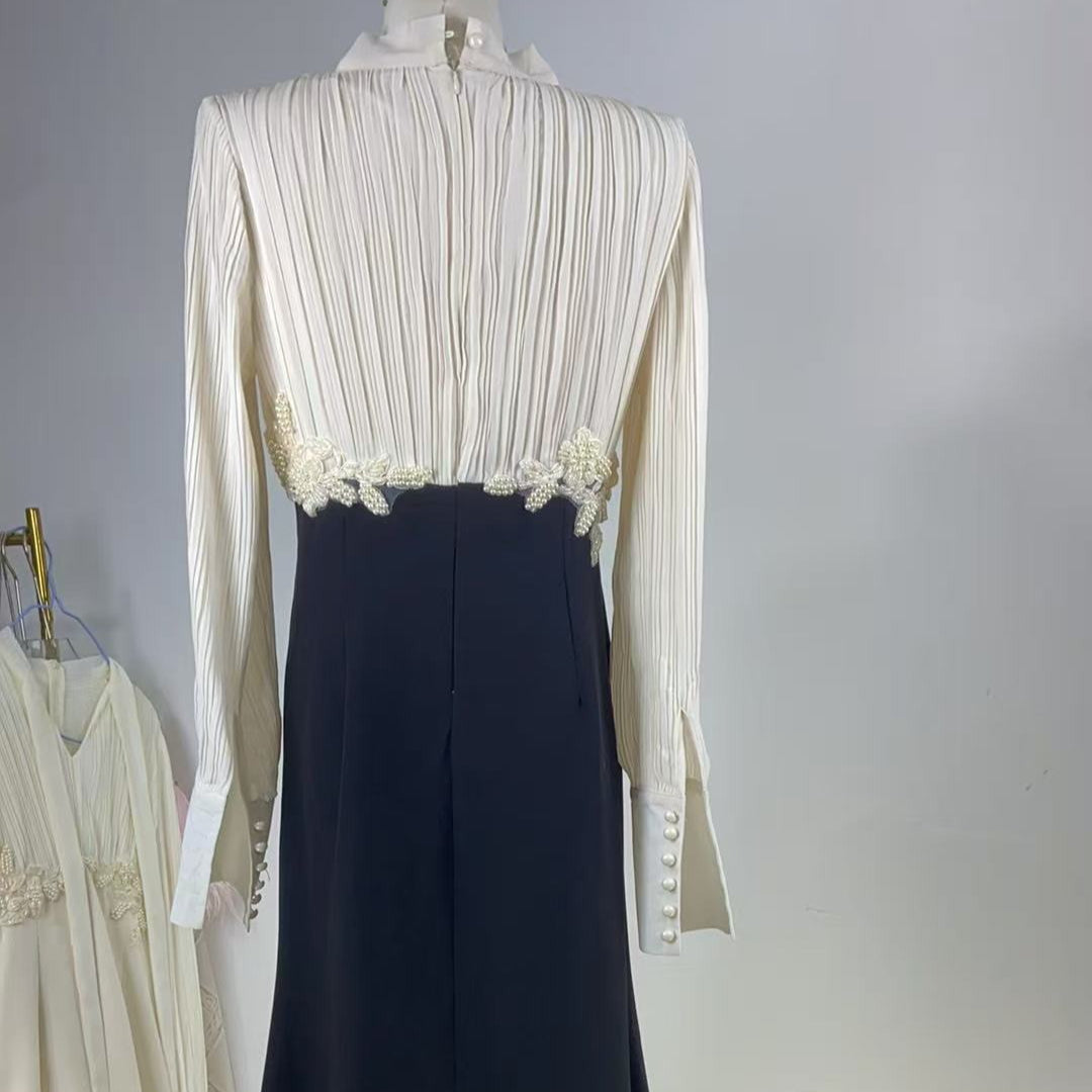 French-Style Pleated Bodice Dress with Bow-Neck(MS309)