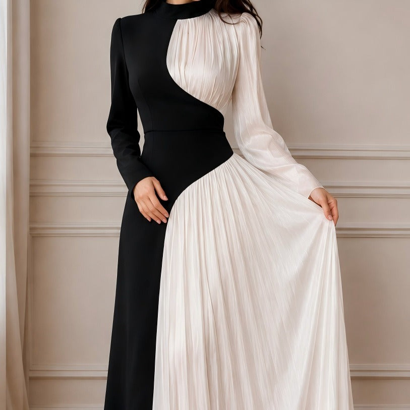 Colour-Block Pleated Maxi Dress(MS504)