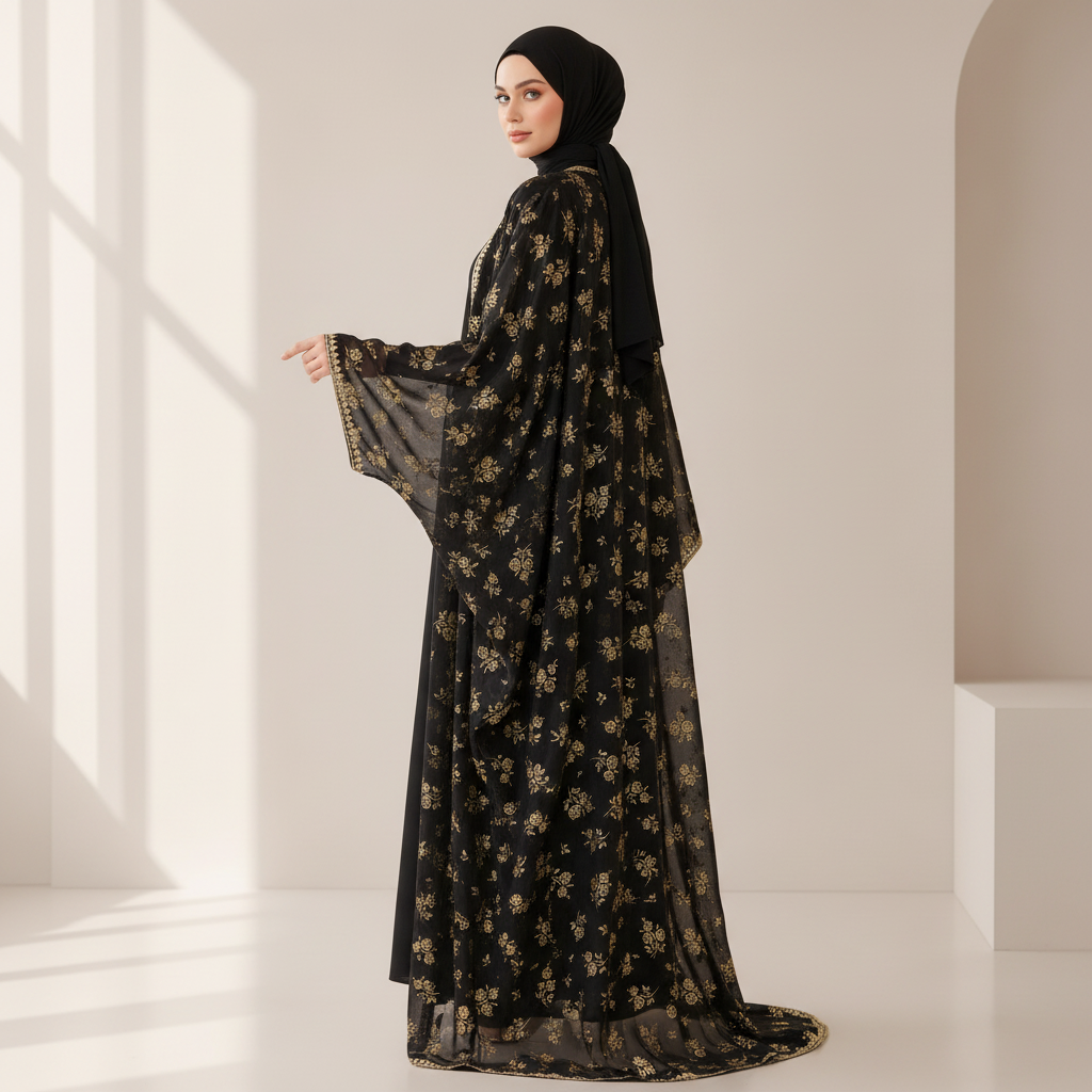 Archive Piece Gold Rose Print Lace-Trim Open Abaya Set - MP053 (Size L Only)