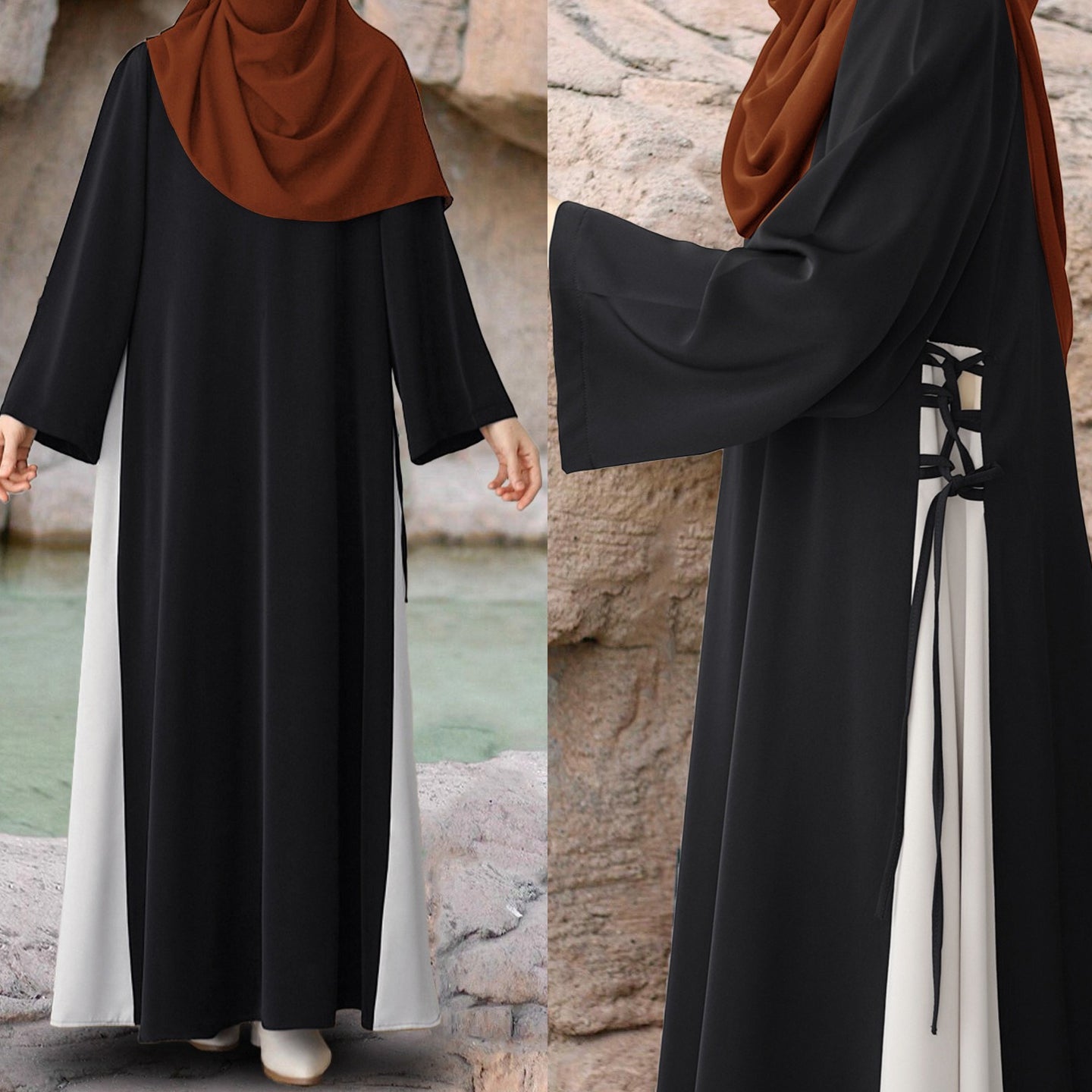 Colorblock Side-Tie Abaya | Two-Tone Round Neck Maxi Dress(MA362)