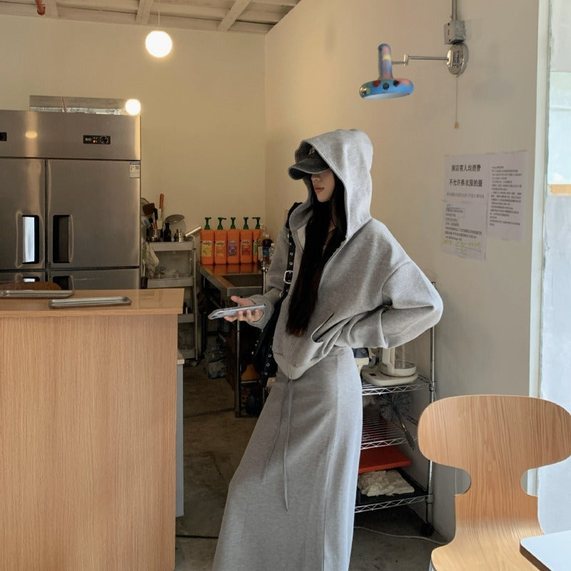 Casual Grey Zip-Up Hoodie & High Waist Drawstring A-Line Skirt Set(MS130)