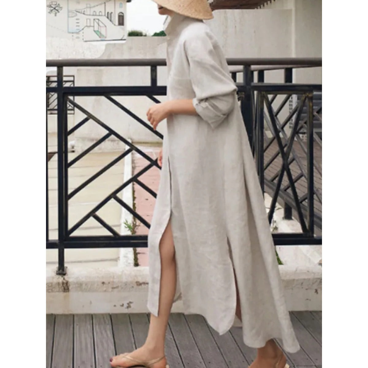 Muslim Casual Elegance Linen-Blend Shirt Dress | Modest Maxi with Button Front & Side Slits. (MS096)
