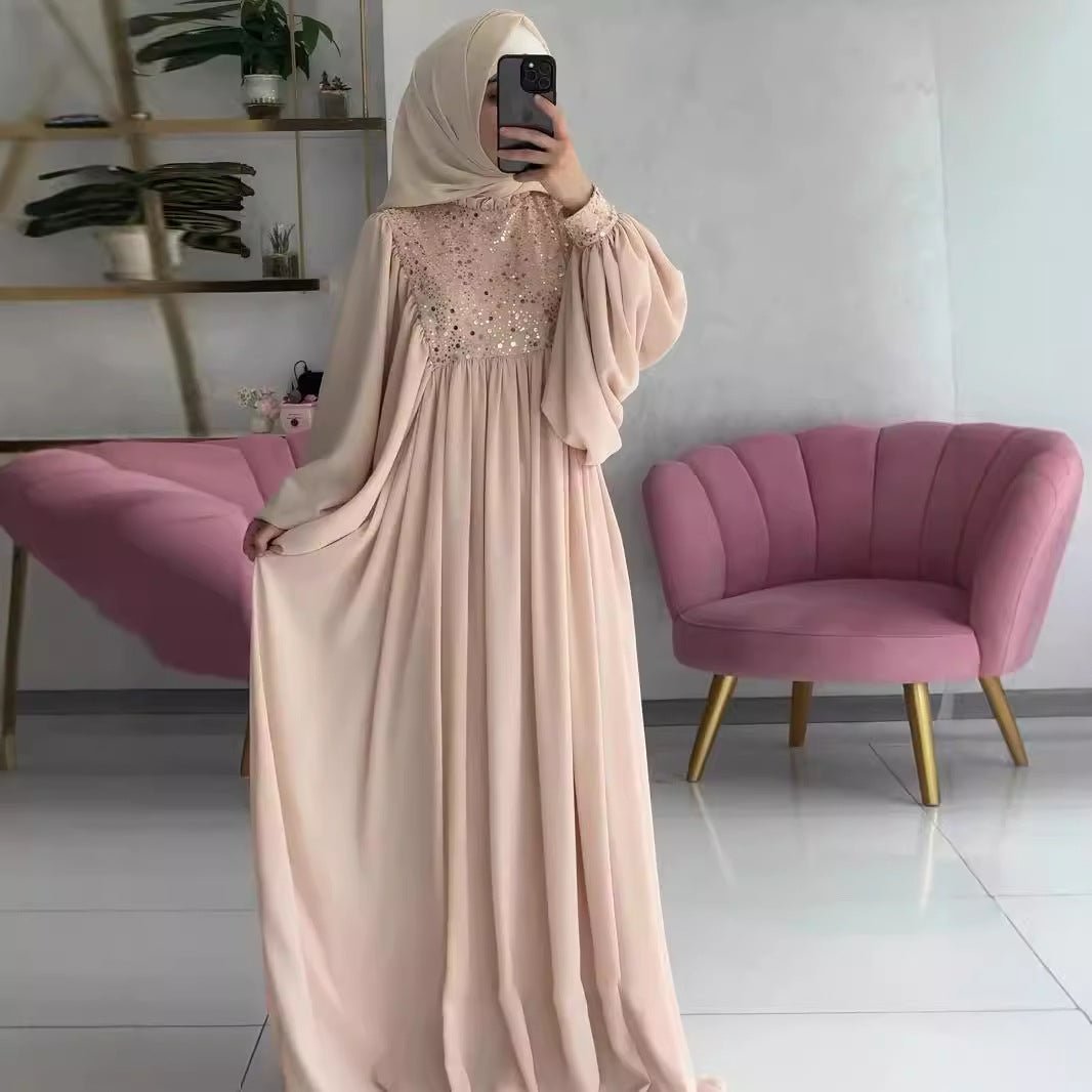 Fairy Court Light Luxury Muslim Abaya Dress with Puff Sleeves & Sparkle Details (MA177) - Mariam's Collection