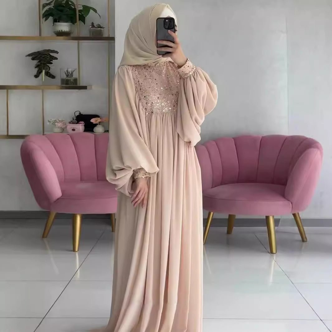 Fairy Court Light Luxury Muslim Abaya Dress with Puff Sleeves & Sparkle Details (MA177) - Mariam's Collection