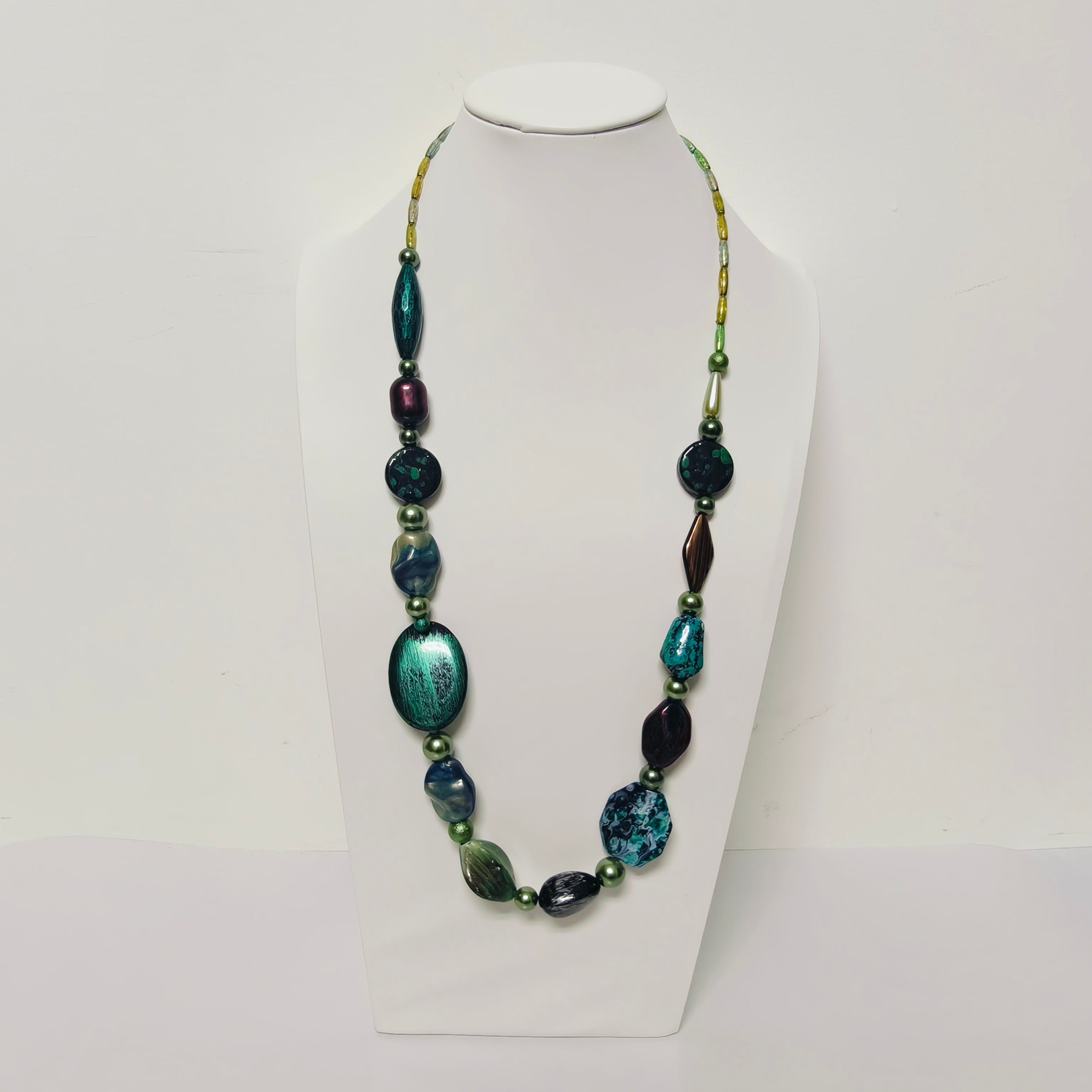 Handmade Resin & Shell Bead Necklace |  Artistic Beaded Statement Necklace |  Long Lightweight Boho Jewelry for Women (MAC346)