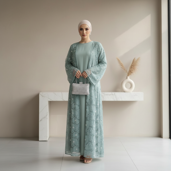 Mesh Flower Bead Open Abaya and Satin Interior Dress 2-Piece Set  | Elegant Muslim Wedding Guest Outfit(MOA222)