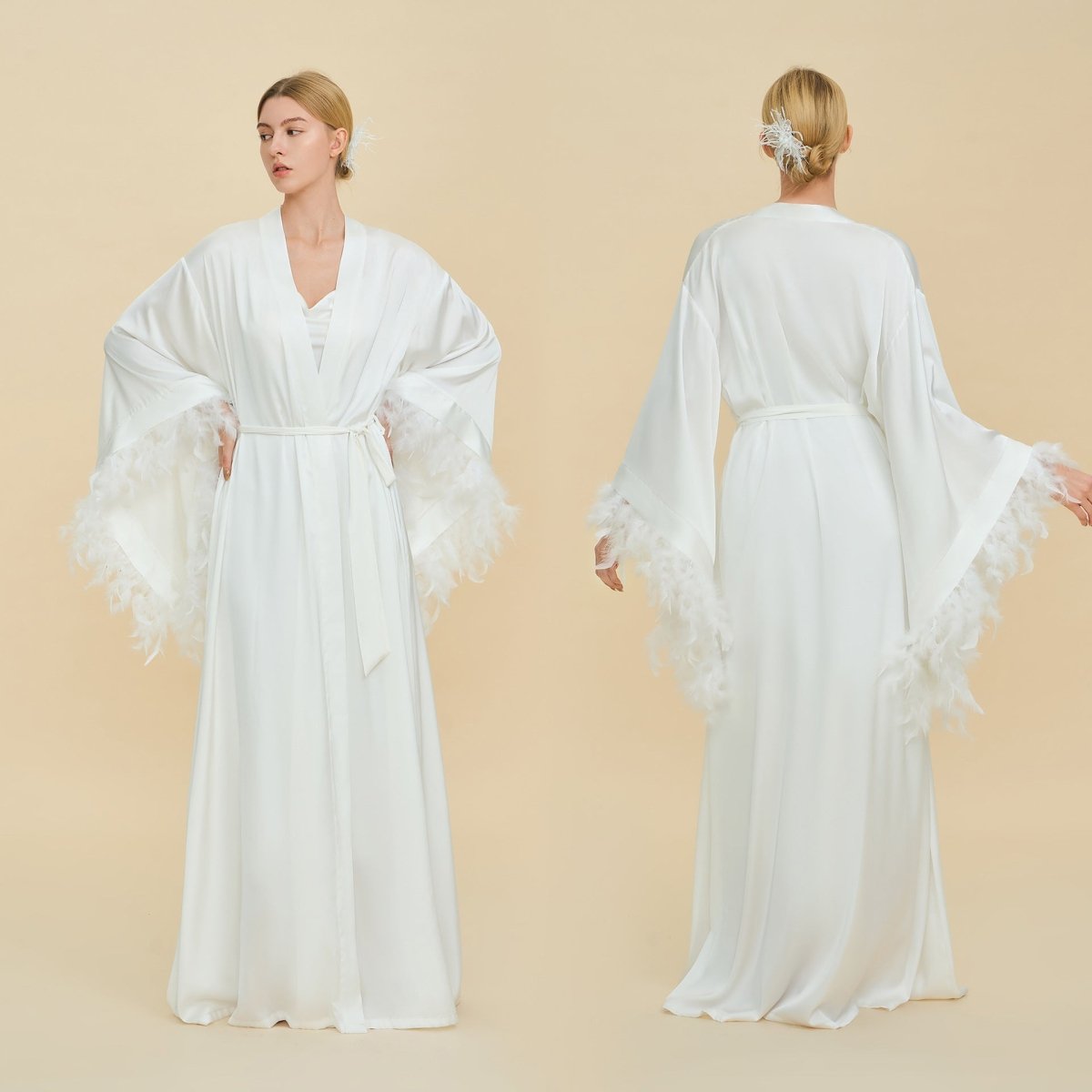 Feather-Trimmed Kimono Robe Abaya — Luxury Kimono Open Abaya White / Free Size Feather-Trimmed Kimono Robe Abaya — Luxury Kimono Open Abaya White / Free Size